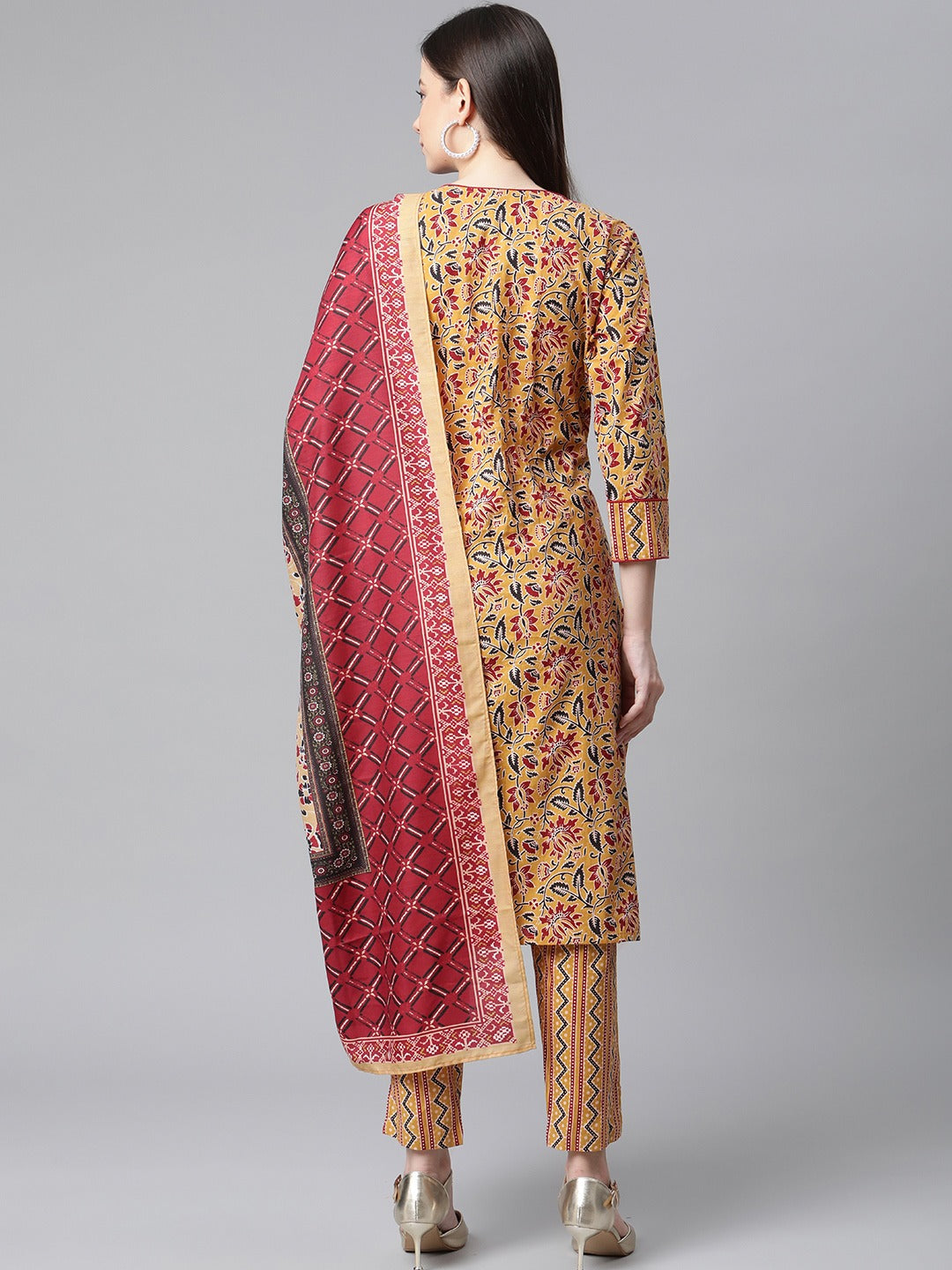 Jompers Women Mustard Yellow & Maroon Floral Pure Cotton Kurta with Trousers & Dupatta