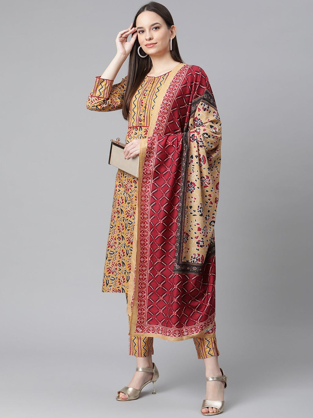 Jompers Women Mustard Yellow & Maroon Floral Pure Cotton Kurta with Trousers & Dupatta
