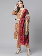 Jompers Women Mustard Yellow & Maroon Floral Pure Cotton Kurta with Trousers & Dupatta