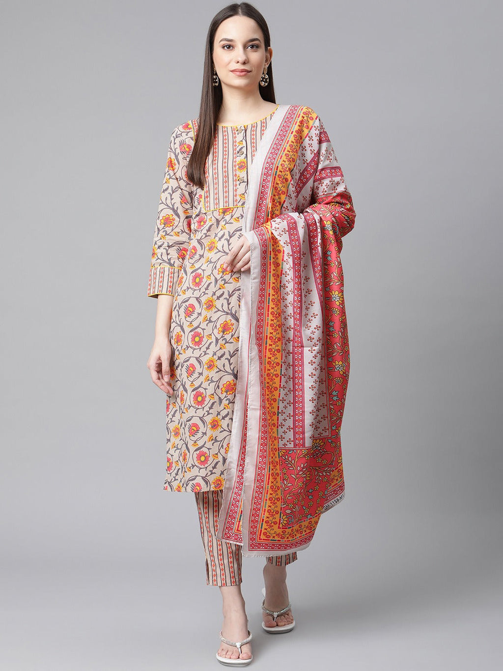 Jompers Women Grey & Peach Floral Pure Cotton Kurta with Trousers & Dupatta