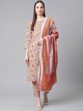 Jompers Women Grey & Peach Floral Pure Cotton Kurta with Trousers & Dupatta