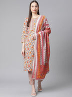 Jompers Women Grey & Peach Floral Pure Cotton Kurta with Trousers & Dupatta