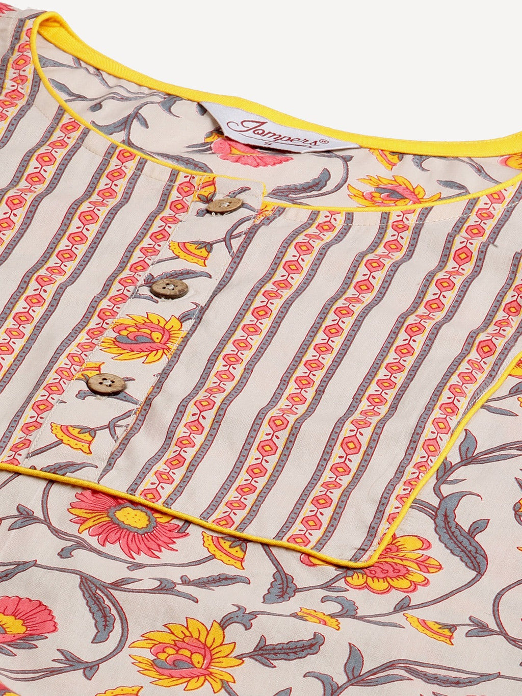 Jompers Women Grey & Peach Floral Pure Cotton Kurta with Trousers & Dupatta