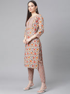 Jompers Women Grey & Peach Floral Pure Cotton Kurta with Trousers & Dupatta