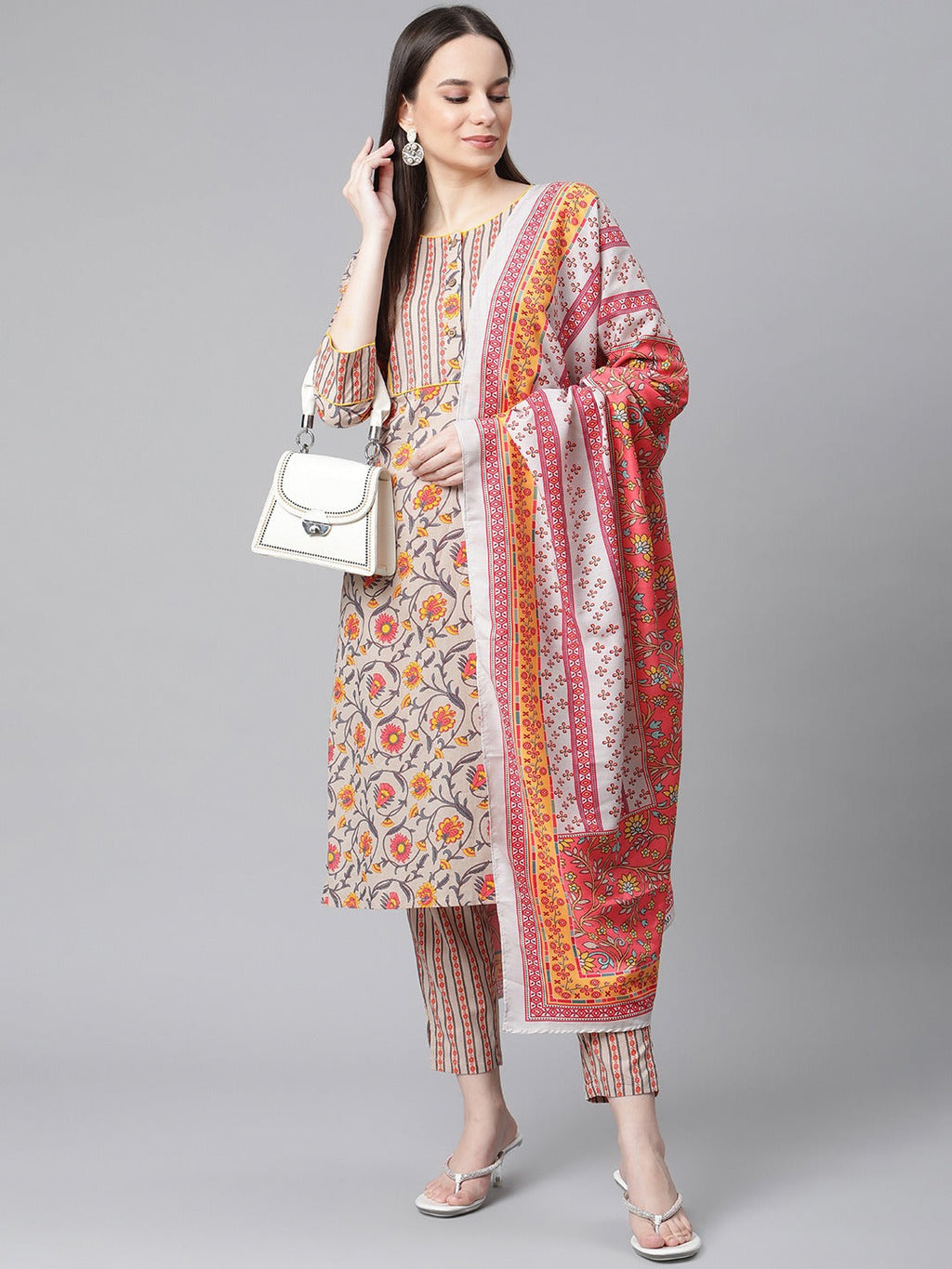 Jompers Women Grey & Peach Floral Pure Cotton Kurta with Trousers & Dupatta