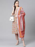 Jompers Women Grey & Peach Floral Pure Cotton Kurta with Trousers & Dupatta