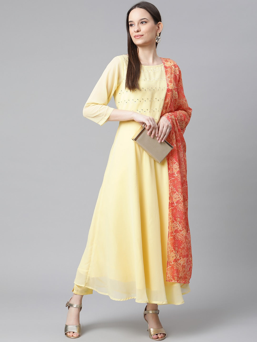 Jompers Women Yellow Embroidered Regular Sequinned Kurta with Trousers & With Dupatta