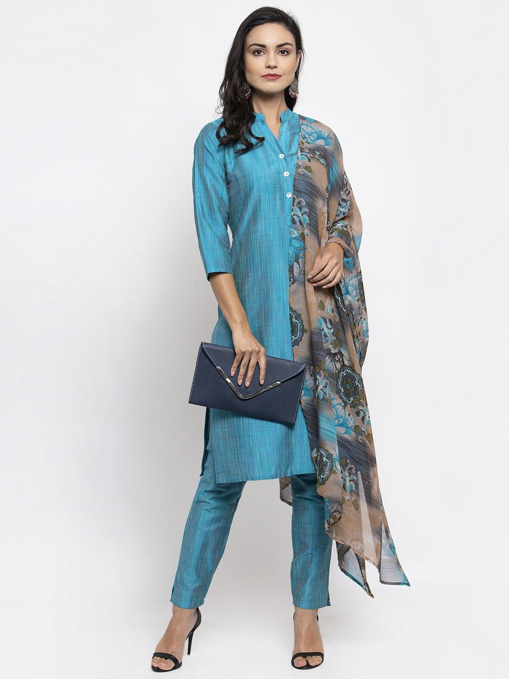 Jompers Women Blue & Green Self-Striped Kurta with Trousers & Printed Georgette Dupatta - Distacart