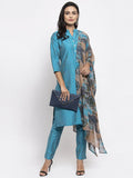 Jompers Women Blue & Green Self-Striped Kurta with Trousers & Printed Georgette Dupatta - Distacart