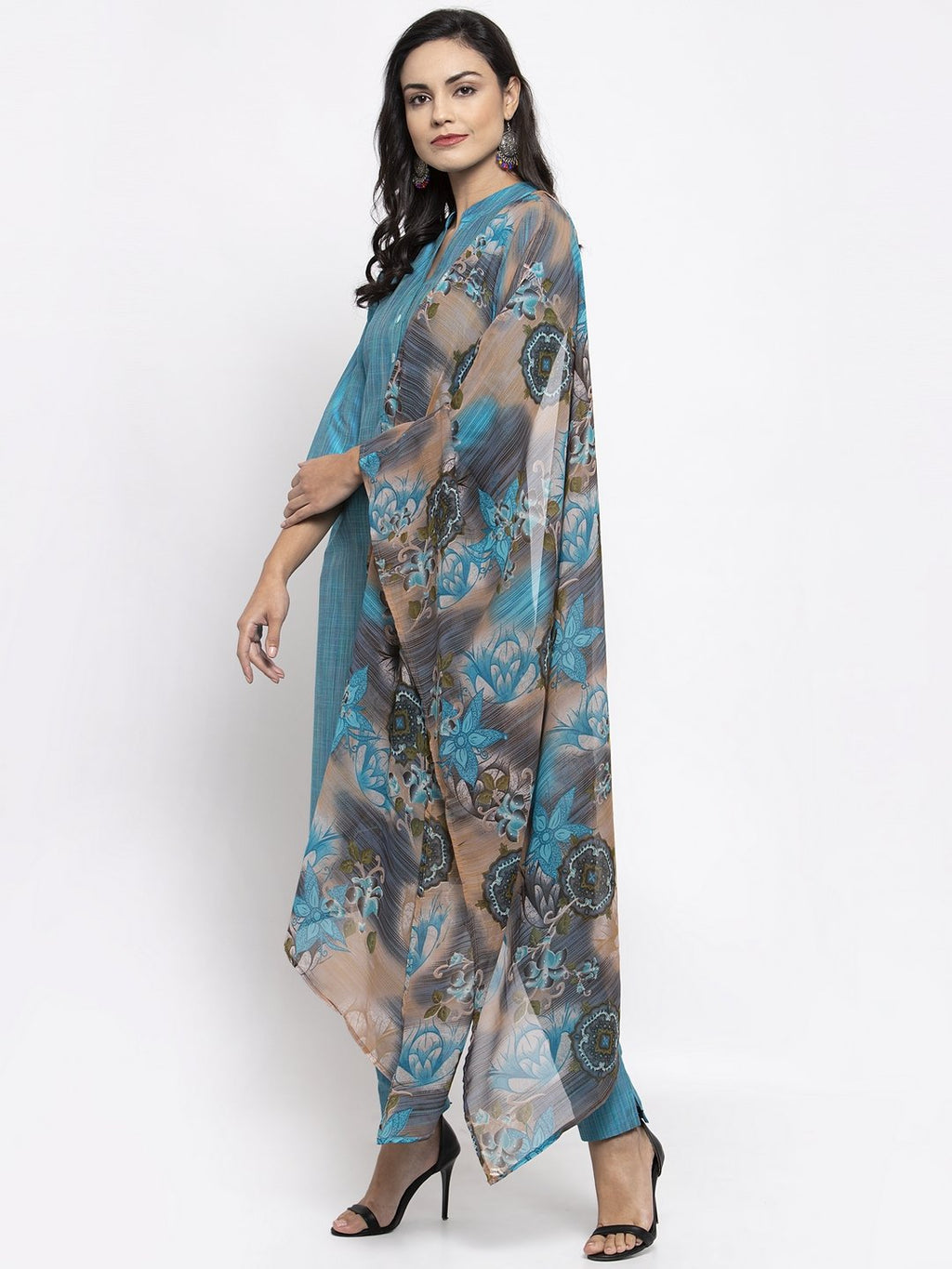 Jompers Women Blue & Green Self-Striped Kurta with Trousers & Printed Georgette Dupatta - Distacart