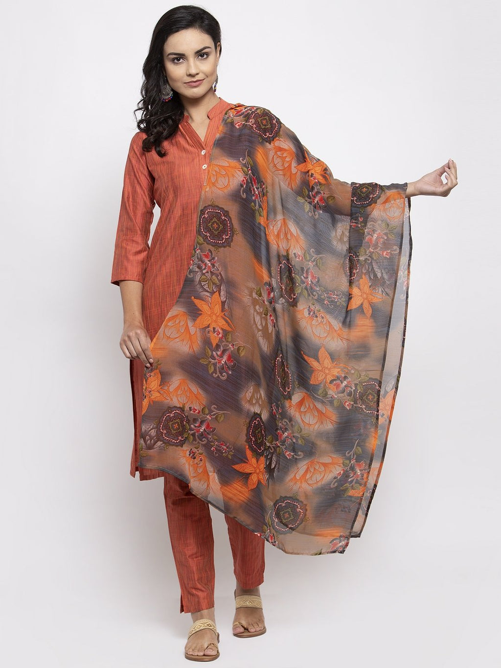 Jompers Women Orange Self-Striped Kurta with Trousers & Georgette Dupatta - Distacart
