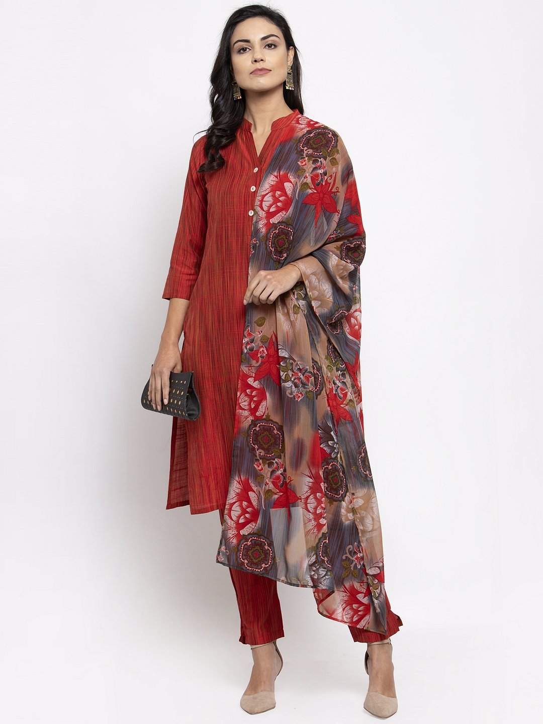 Jompers Women Red Self-Striped Kurta with Trousers & Georgette Dupatta - Distacart