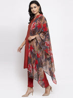 Jompers Women Red Self-Striped Kurta with Trousers & Georgette Dupatta - Distacart