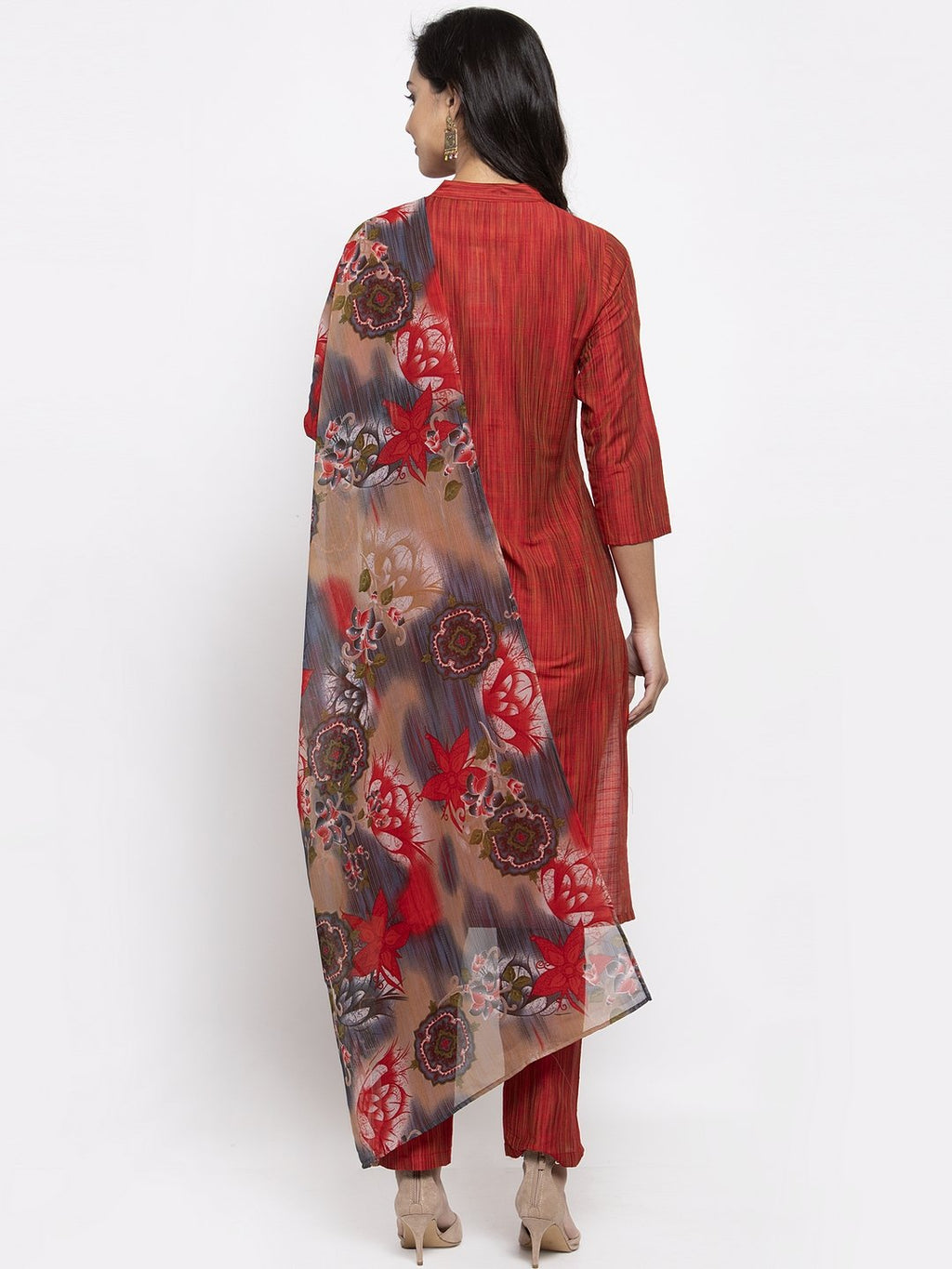 Jompers Women Red Self-Striped Kurta with Trousers & Georgette Dupatta - Distacart