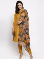 Jompers Women Yellow Self-Striped Kurta with Trousers & Gorgette Dupatta - Distacart