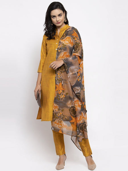Jompers Women Yellow Self-Striped Kurta with Trousers & Gorgette Dupatta