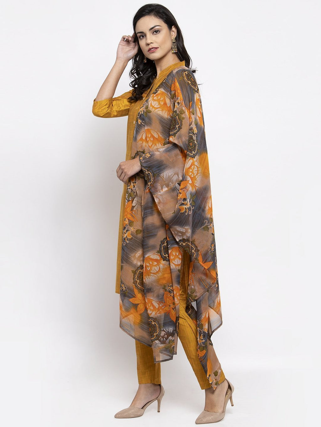 Jompers Women Yellow Self-Striped Kurta with Trousers & Gorgette Dupatta - Distacart