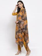 Jompers Women Yellow Self-Striped Kurta with Trousers & Gorgette Dupatta - Distacart