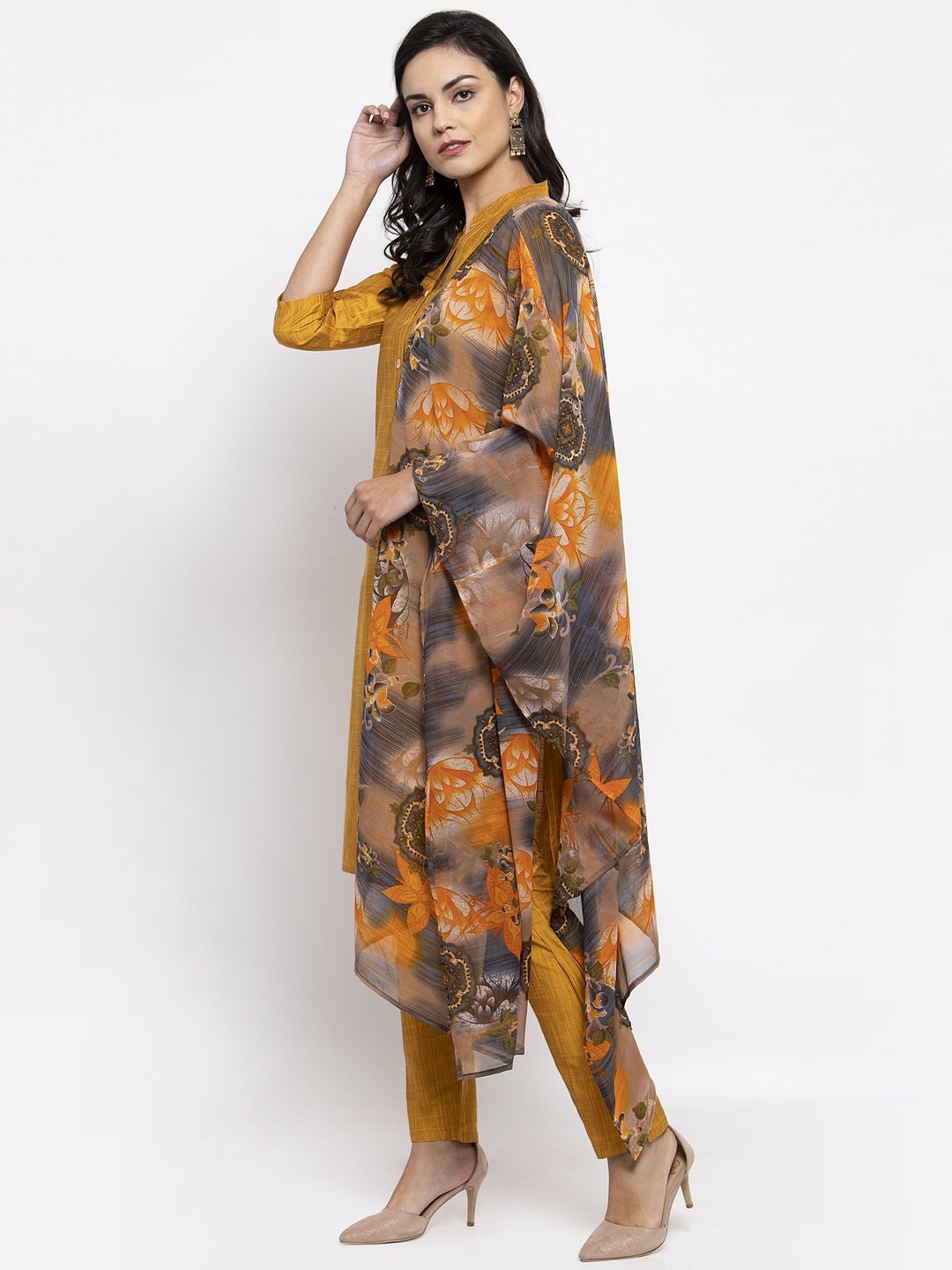 Jompers Women Yellow Self-Striped Kurta with Trousers & Gorgette Dupatta - Distacart