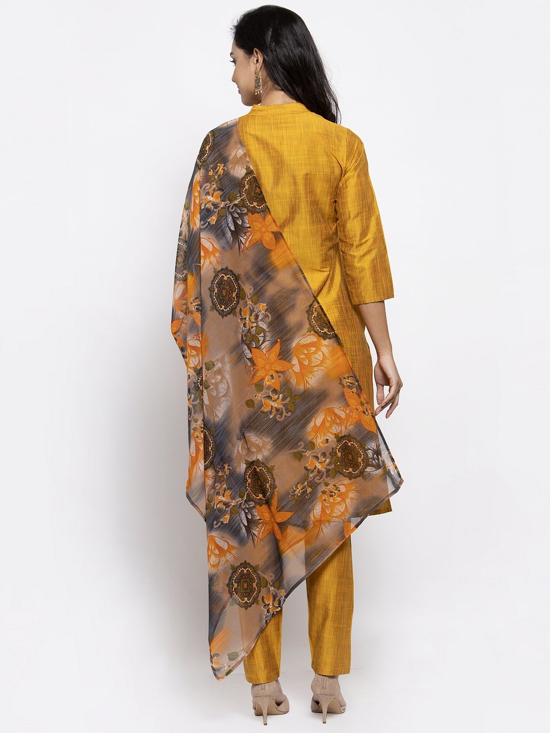 Jompers Women Yellow Self-Striped Kurta with Trousers & Gorgette Dupatta - Distacart