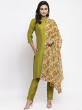 Jompers Women Green Self-Striped Kurta with Trousers & Floral Georgette Dupatta - Distacart