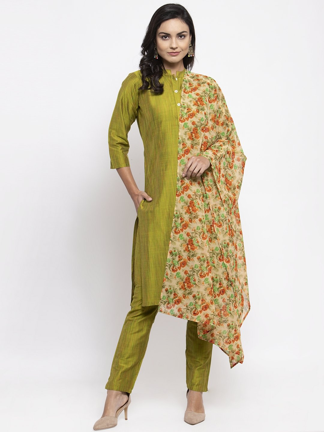 Jompers Women Green Self-Striped Kurta with Trousers & Floral Georgette Dupatta - Distacart