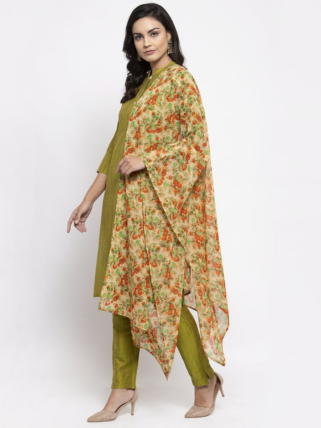 Jompers Women Green Self-Striped Kurta with Trousers & Floral Georgette Dupatta - Distacart