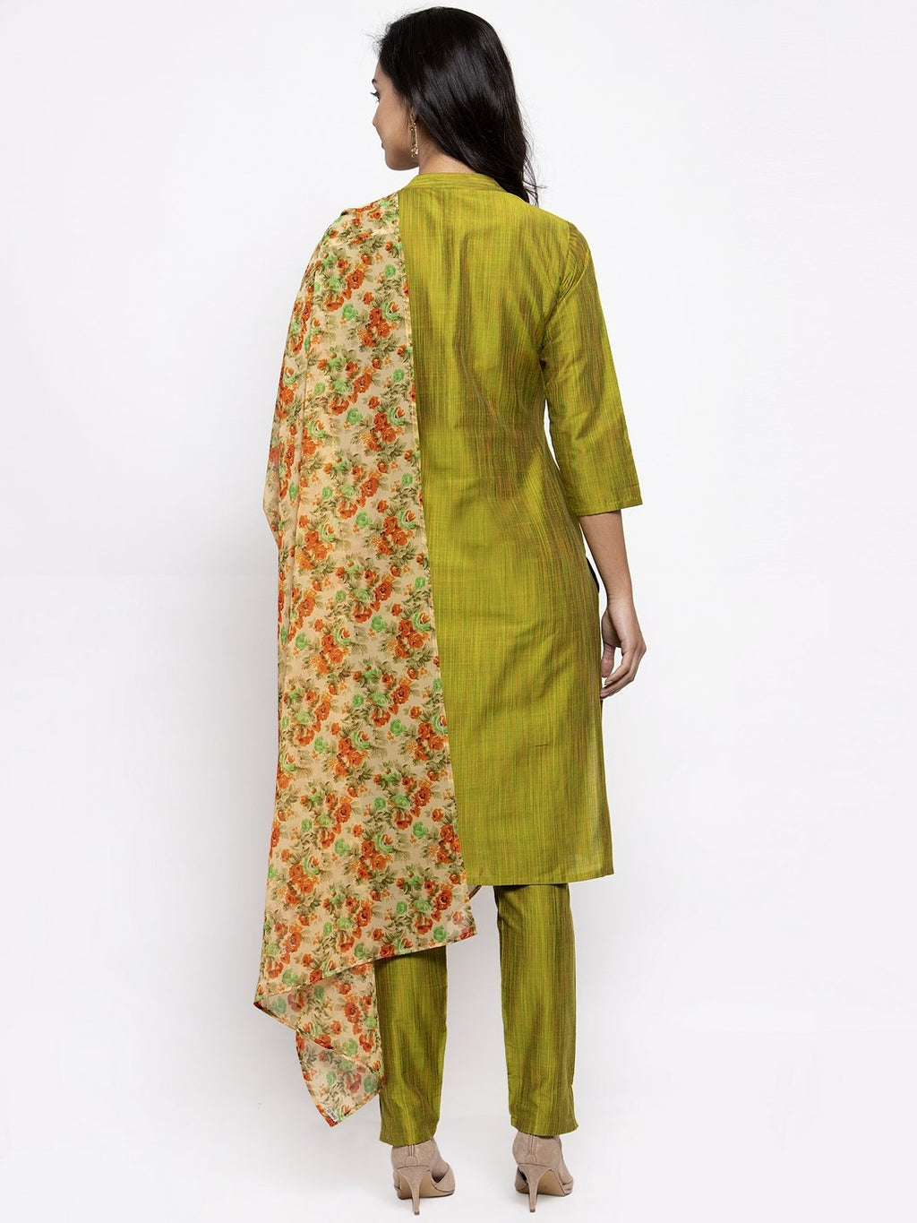 Jompers Women Green Self-Striped Kurta with Trousers & Floral Georgette Dupatta - Distacart