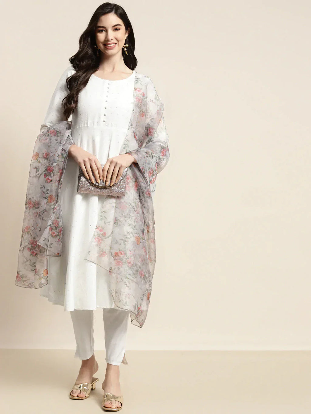 Jompers Women's Sequinned Kurta with Trousers & With Dupatta - White - Distacart