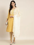 Jompers Women's Printed Gotta Patti Kurta with Trousers & Dupatta - Yellow