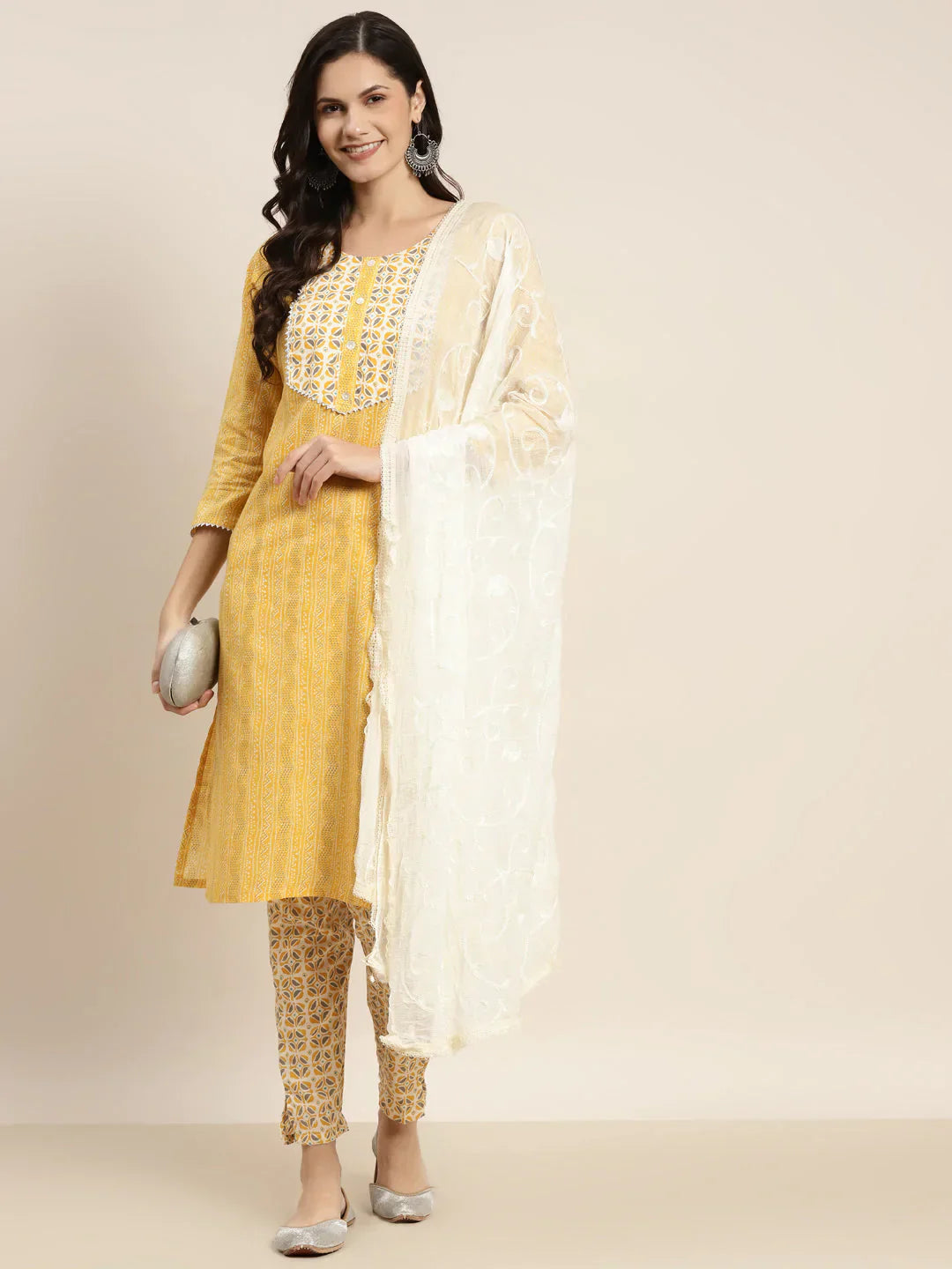 Jompers Women's Printed Gotta Patti Kurta with Trousers & Dupatta - Yellow