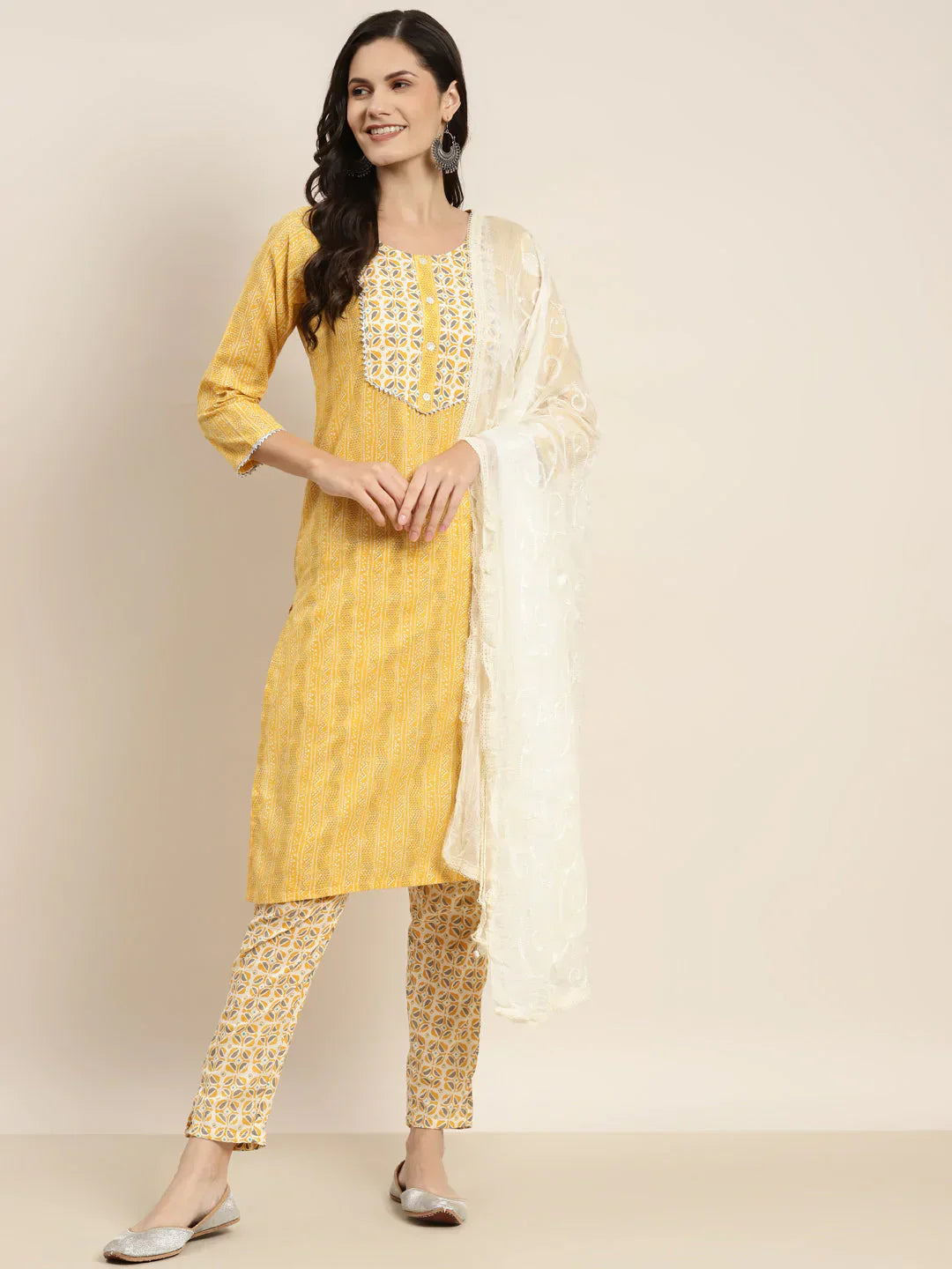 Jompers Women's Printed Gotta Patti Kurta with Trousers & Dupatta - Yellow