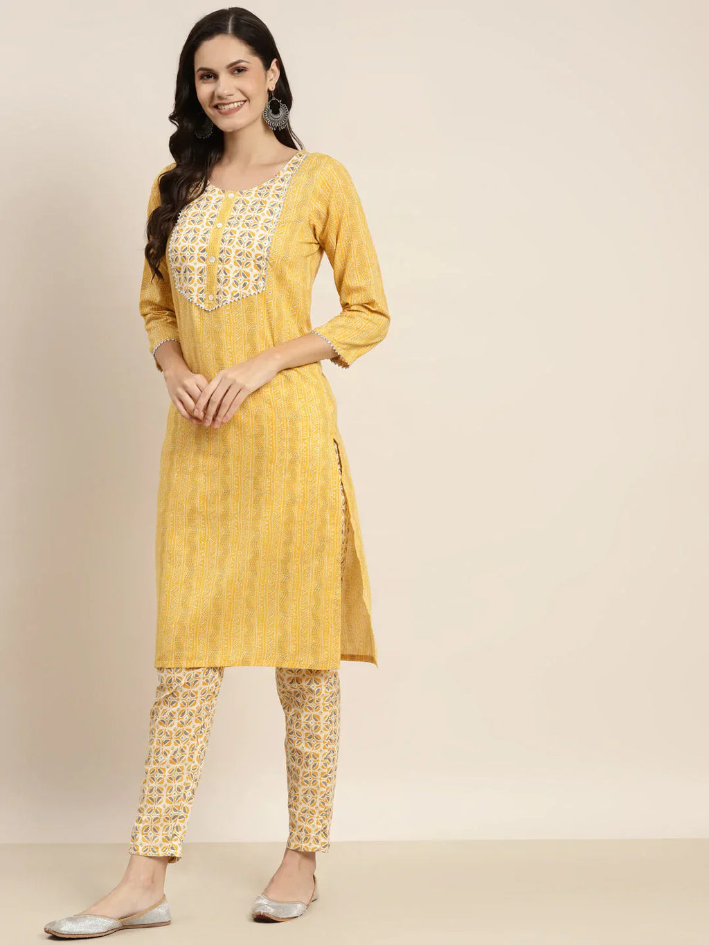 Jompers Women's Printed Gotta Patti Kurta with Trousers & Dupatta - Yellow