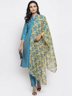 Jompers Women Blue & Green Self-Striped Kurta with Trousers & Floral Georgette Dupatta - Distacart