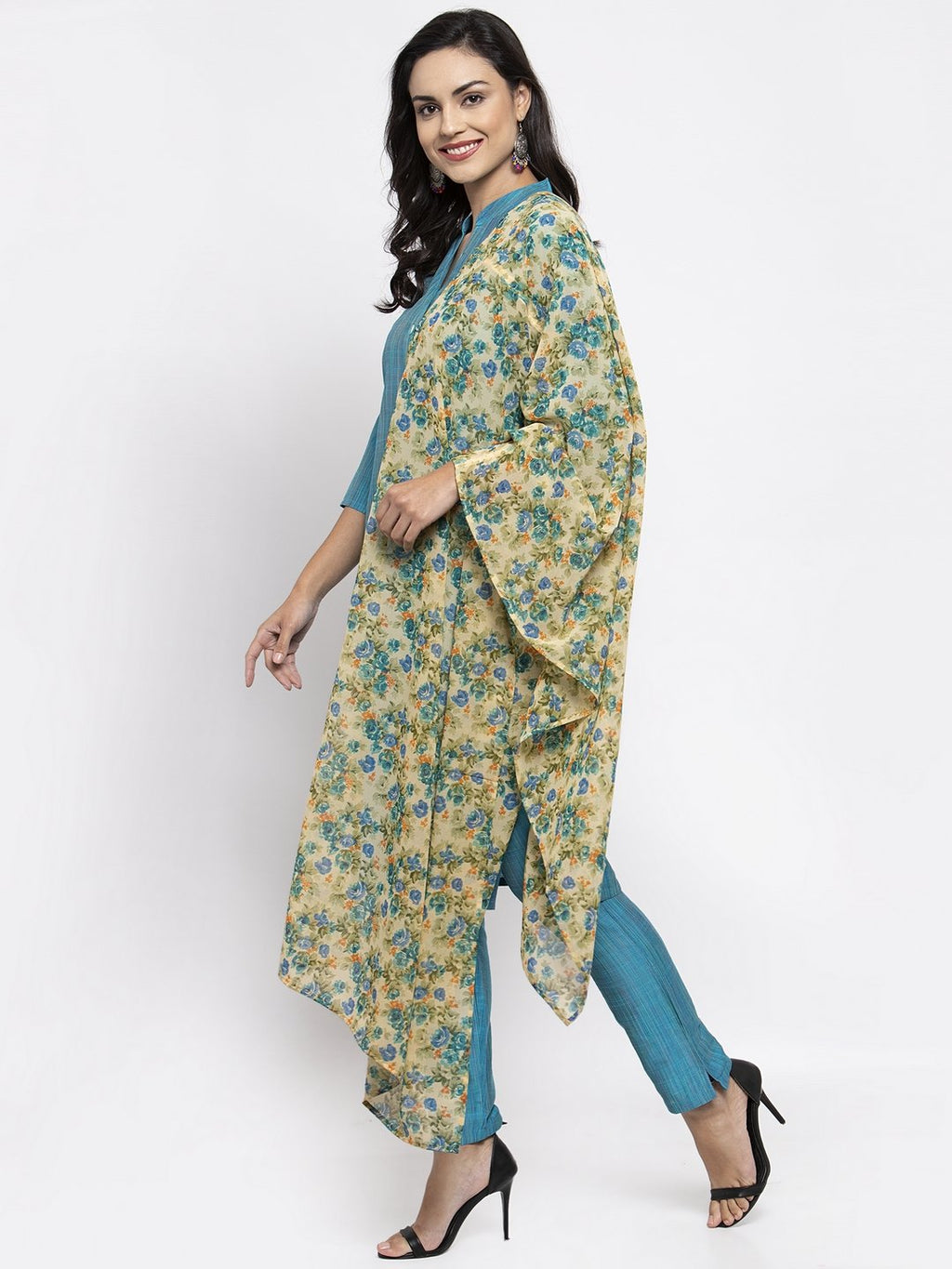 Jompers Women Blue & Green Self-Striped Kurta with Trousers & Floral Georgette Dupatta - Distacart