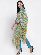 Jompers Women Blue & Green Self-Striped Kurta with Trousers & Floral Georgette Dupatta - Distacart