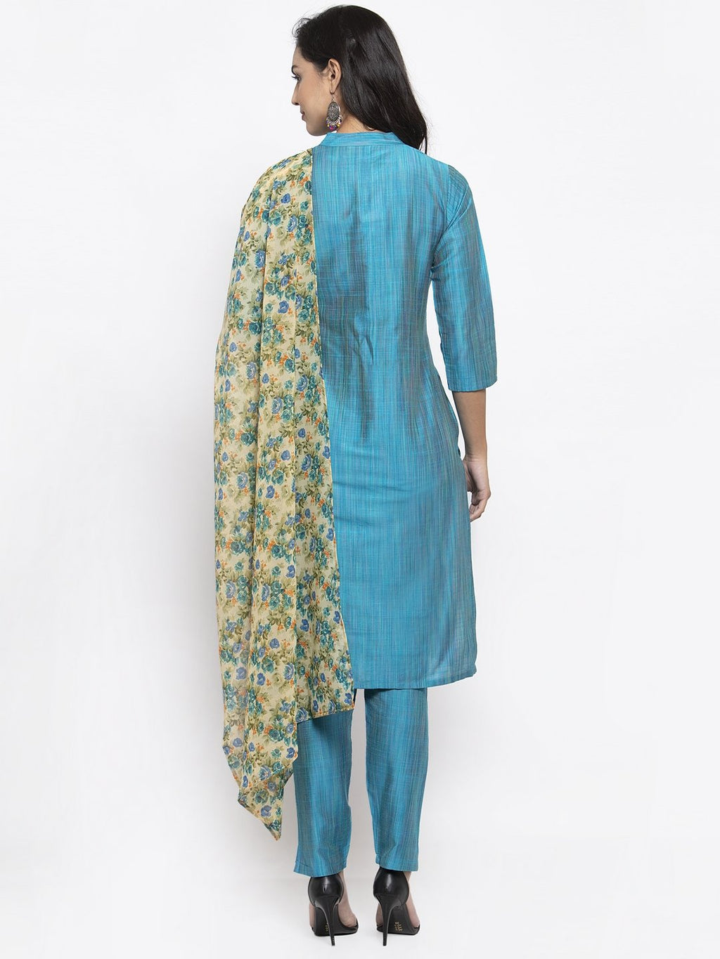 Jompers Women Blue & Green Self-Striped Kurta with Trousers & Floral Georgette Dupatta - Distacart