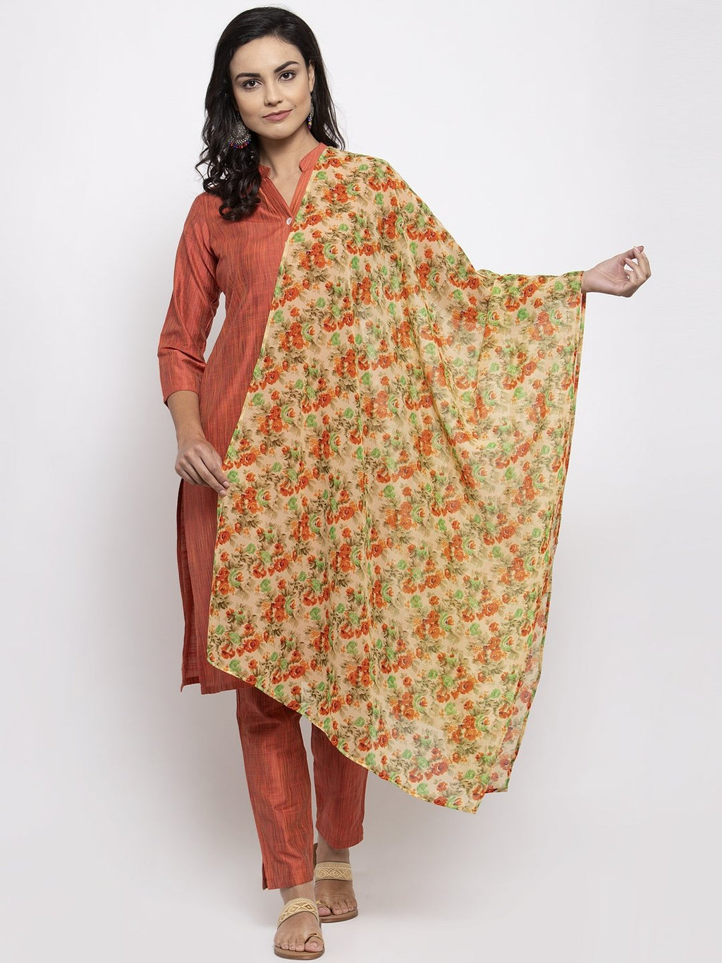Jompers Women Orange Self-Striped Kurta with Trousers & Floal Georgette Dupatta - Distacart