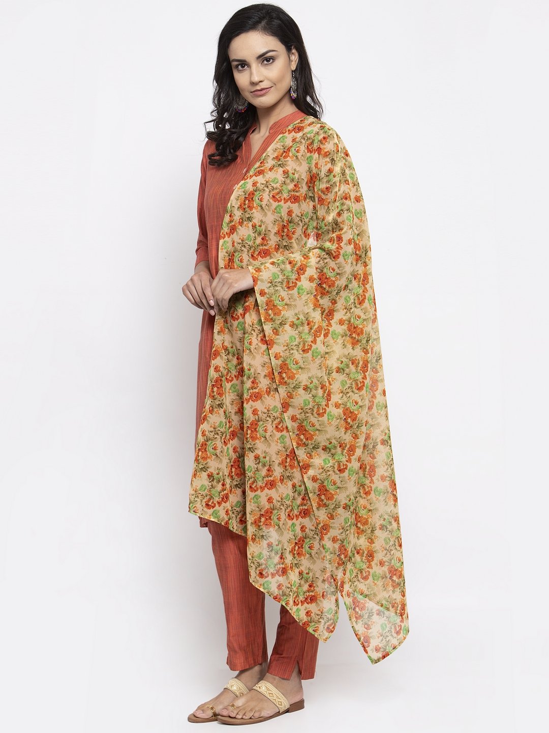 Jompers Women Orange Self-Striped Kurta with Trousers & Floal Georgette Dupatta - Distacart