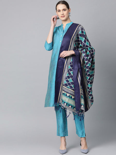 Jompers Women Blue & Green Self-Striped Kurta with Trousers & Dupatta