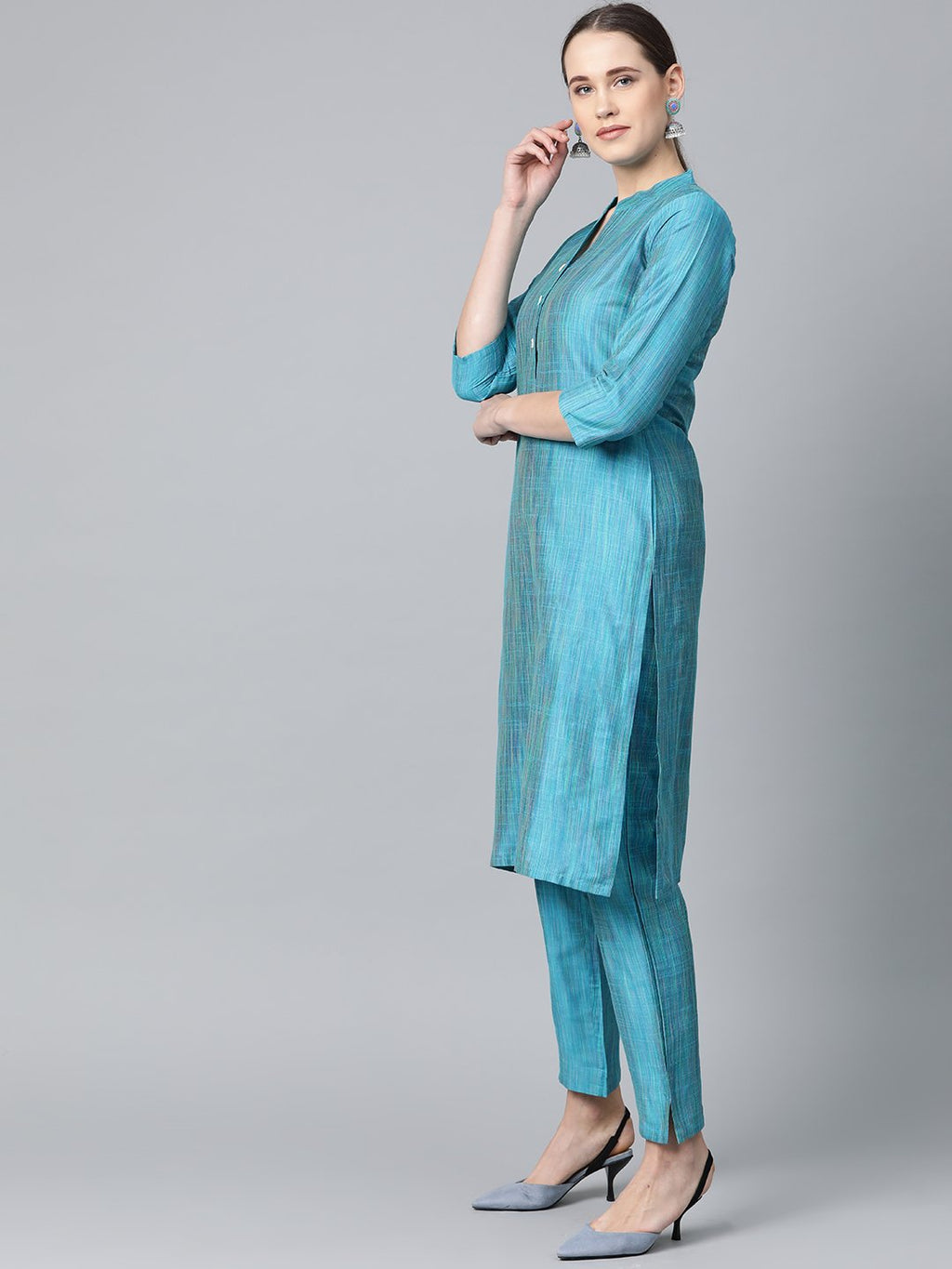 Jompers Women Blue & Green Self-Striped Kurta with Trousers & Dupatta - Distacart