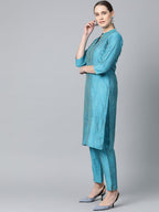 Jompers Women Blue & Green Self-Striped Kurta with Trousers & Dupatta - Distacart