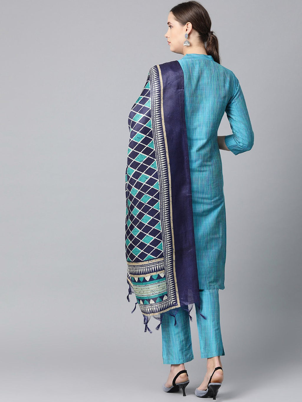 Jompers Women Blue & Green Self-Striped Kurta with Trousers & Dupatta - Distacart