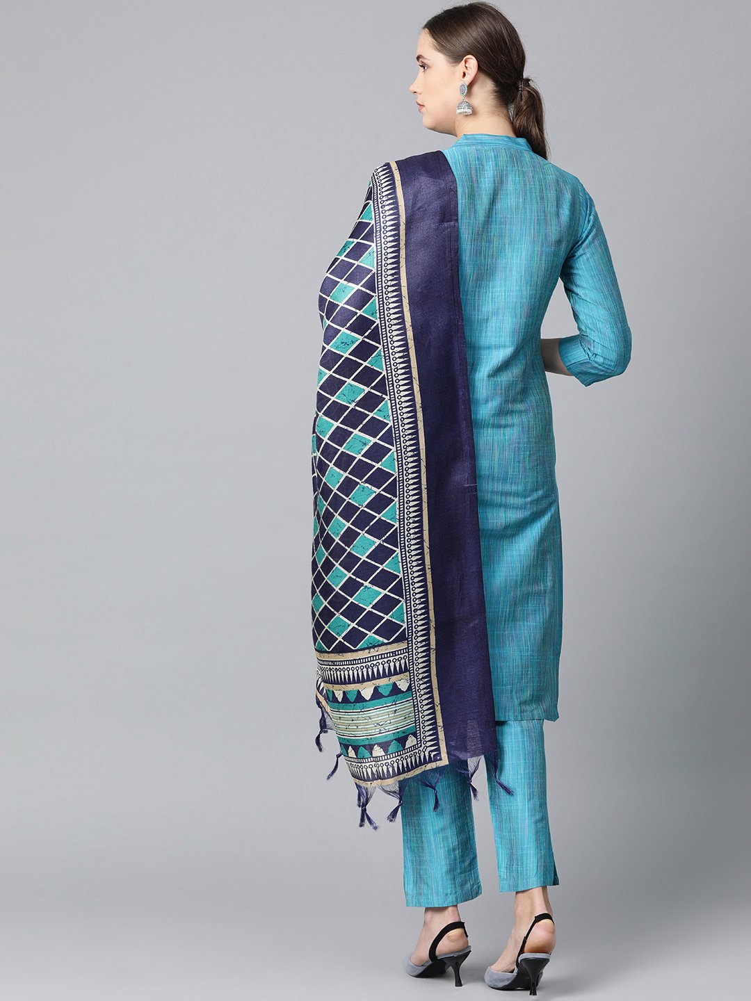Jompers Women Blue & Green Self-Striped Kurta with Trousers & Dupatta - Distacart
