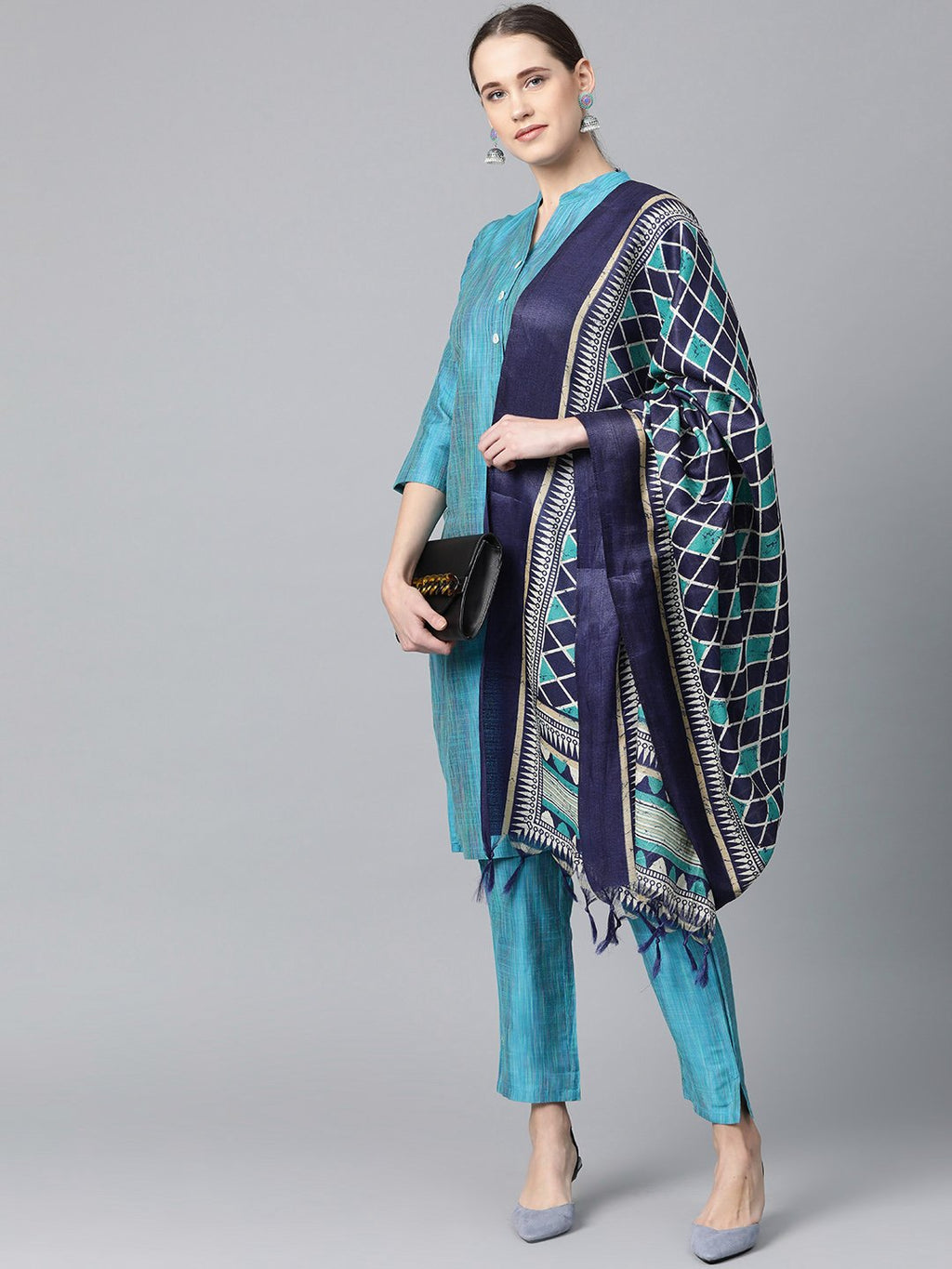 Jompers Women Blue & Green Self-Striped Kurta with Trousers & Dupatta - Distacart