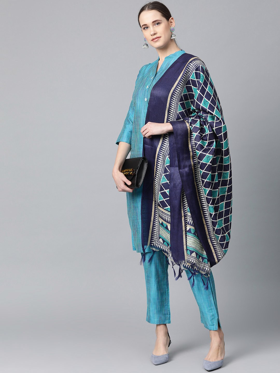 Jompers Women Blue & Green Self-Striped Kurta with Trousers & Dupatta - Distacart