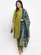 Jompers Women Green Self-Striped Kurta with Trousers & Art Silk Dupatta - Distacart
