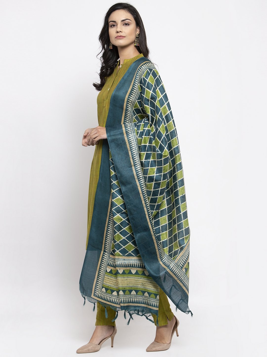 Jompers Women Green Self-Striped Kurta with Trousers & Art Silk Dupatta - Distacart