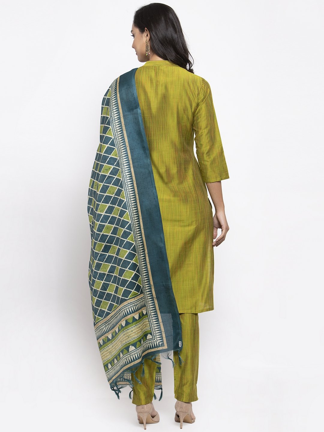Jompers Women Green Self-Striped Kurta with Trousers & Art Silk Dupatta - Distacart