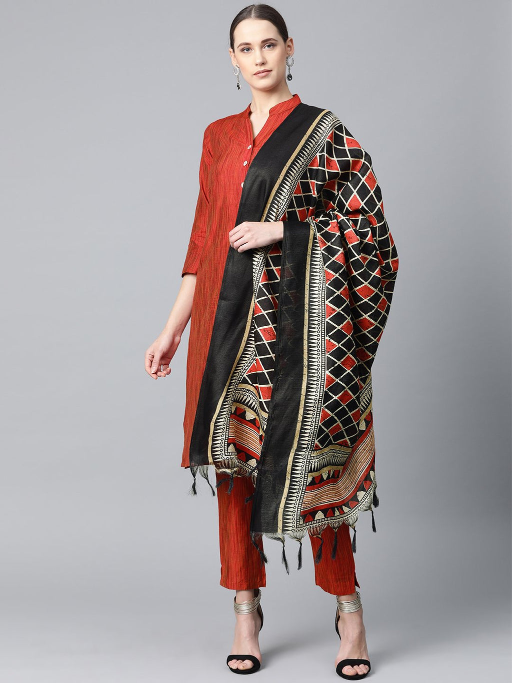Jompers Women Red & Black Self-Striped Kurta with Trousers & Dupatta - Distacart